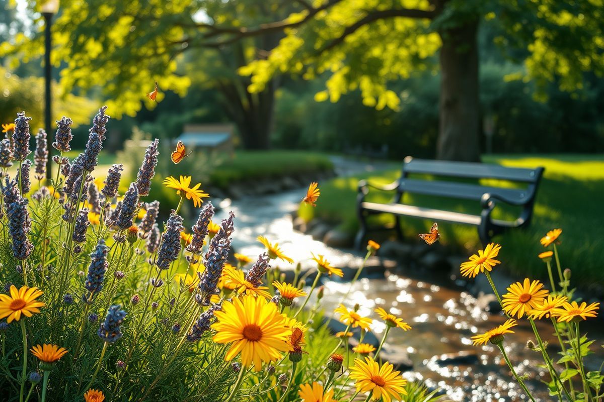 A serene outdoor scene bathed in soft, golden sunlight captures a tranquil garden filled with vibrant flowers in full bloom. The foreground features clusters of delicate lavender and cheerful yellow daisies, their petals glistening with morning dew. In the background, a gently flowing stream reflects the sunlight, its water shimmering with hints of blue and green, creating a calming atmosphere. The lush greenery surrounding the garden is dotted with tall, leafy trees providing dappled shade, while a few butterflies flit gracefully from flower to flower. A wooden bench, weathered yet inviting, sits beneath the shade of a tree, perfect for quiet contemplation. This peaceful setting evokes a sense of calm and relaxation, symbolizing the importance of managing stress and finding solace in nature, resonating with the themes of chronic hives and emotional wellbeing. The overall composition conveys a harmonious balance between nature’s beauty and the comfort it offers, inviting viewers to immerse themselves in the soothing ambiance of the garden.