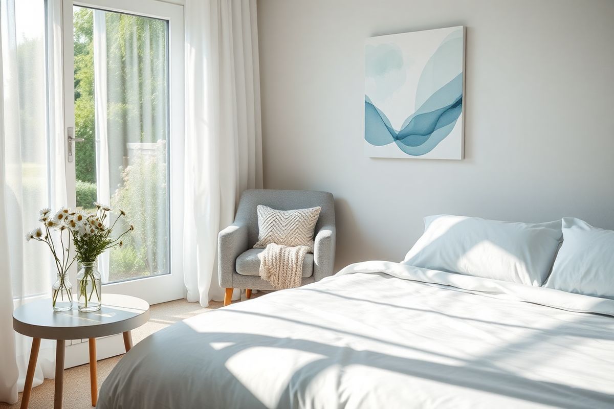 A serene bedroom scene bathed in soft, natural light filtering through sheer white curtains. The focus is on a neatly made bed with crisp, light-blue linens and a plush, inviting duvet. On the bedside table, a small vase holds a bouquet of delicate white daisies, symbolizing purity and calmness. A cozy armchair, upholstered in a muted gray fabric, is positioned in the corner, adorned with a knitted throw blanket, inviting relaxation. The walls are painted in soothing pastel tones, and a piece of abstract art featuring gentle, flowing shapes in soft blues and greens hangs above the bed, creating a tranquil atmosphere. A large window reveals a glimpse of a peaceful garden outside, with lush greenery and blooming flowers, enhancing the sense of serenity. The overall composition evokes a feeling of comfort and peace, ideal for a space dedicated to rest and recovery, reflecting the emotional journey of individuals living with chronic hives.