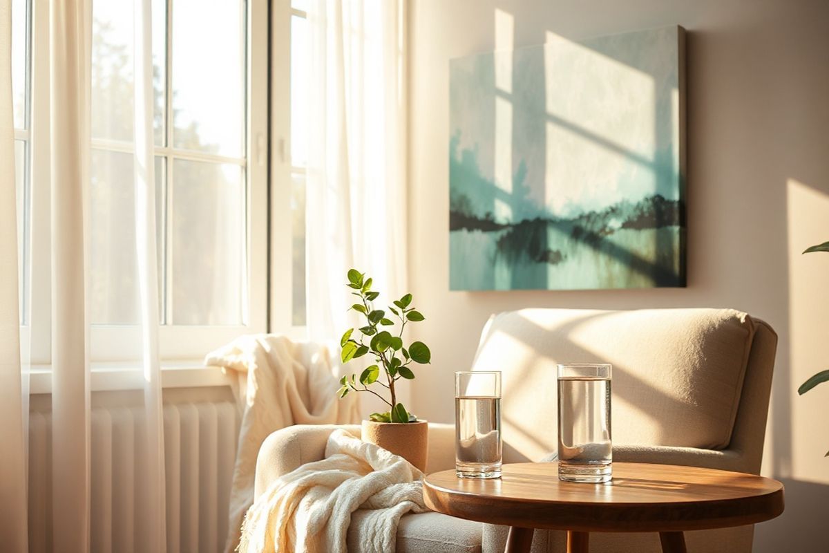 A serene and inviting scene captures the essence of relief and tranquility associated with Xolair treatment for chronic hives. The image features a sunlit room with large windows that allow soft, golden rays to filter through sheer curtains, casting gentle shadows on a cozy, plush armchair adorned with a soft, pastel throw blanket. On a nearby wooden table rests a small potted plant with vibrant green leaves, symbolizing growth and healing. A glass of cool, refreshing water sits beside it, reflecting the light and inviting hydration. In the background, a soothing abstract painting in calming blues and greens complements the ambiance, evoking a sense of peace and stability. The overall composition conveys a feeling of comfort, suggesting a safe space for individuals seeking relief from the discomfort of chronic hives, infused with hope and the promise of healing through innovative treatments like Xolair. The natural elements and warm lighting create a photorealistic atmosphere that resonates with the emotional journey of patients as they navigate their symptoms and embrace the possibilities of improved quality of life.