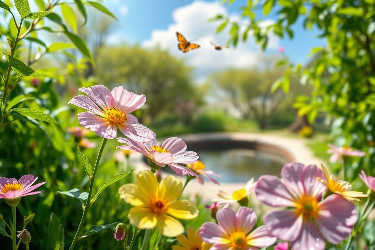 A close-up, photorealistic image of a serene outdoor scene depicting a tranquil garden in early spring. The foreground features vibrant, delicate flowers in various shades of pink, yellow, and purple, with dewdrops glistening on their petals in the soft morning light. In the background, lush green foliage surrounds the garden, creating a natural frame. A gentle breeze causes the leaves to rustle softly, enhancing the peaceful ambiance. A small, clear pond reflects the blue sky and fluffy white clouds, while a few butterflies flutter gracefully above the flowers. The overall atmosphere conveys a sense of calm and relief, symbolizing the hope and healing associated with effective treatment for chronic hives. The natural beauty and tranquility of the scene evoke feelings of comfort and well-being, making it an ideal visual representation for the topic of chronic hives and their management.