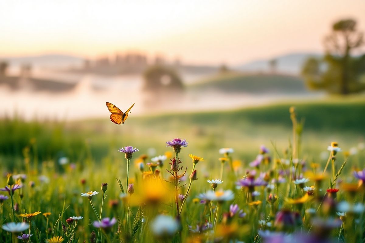 A close-up view of a serene and tranquil landscape at dawn, showcasing a gentle mist rising over a lush green meadow dotted with vibrant wildflowers in shades of purple, yellow, and white. In the foreground, a delicate butterfly flutters above the flowers, its wings glistening in the soft golden light of the early sun. The background features a soft-focus outline of rolling hills and trees, their leaves kissed by the dawn light, creating a peaceful, harmonious atmosphere. The sky is painted with soft pastel hues of pink, orange, and light blue, reflecting the calmness of the morning. This idyllic scene embodies a sense of healing and relief, symbolizing the alleviation of discomfort and the beauty of nature’s resilience, making it a perfect visual complement to the theme of managing chronic hives and finding tranquility amid challenges.