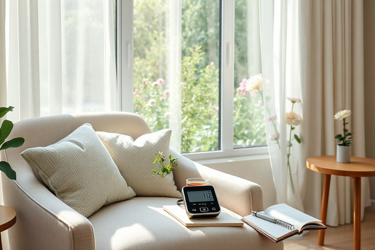 A serene and inviting scene unfolds in a softly lit room designed for relaxation and wellness. In the foreground, a plush, light-colored armchair is adorned with cozy, textured throw pillows in calming pastel shades of green and lavender. Next to it, a small wooden side table holds a steaming cup of herbal tea, surrounded by fresh herbs like mint and chamomile, symbolizing natural health.   In the background, large windows draped with sheer white curtains allow gentle sunlight to filter in, casting a warm glow. Outside, a lush garden filled with blooming flowers and vibrant greenery provides a sense of tranquility and connection to nature.   A sleek, modern digital blood pressure monitor rests on the armchair, subtly reminding viewers of health awareness, while a stylish, open notebook lies nearby, next to a pen, inviting thoughts and reflections on well-being. The overall color palette is soothing, with soft greens, whites, and subtle earth tones, creating an atmosphere of calm and nurturing—a perfect representation of the themes of health, mindfulness, and the importance of managing chronic hypertension during pregnancy.