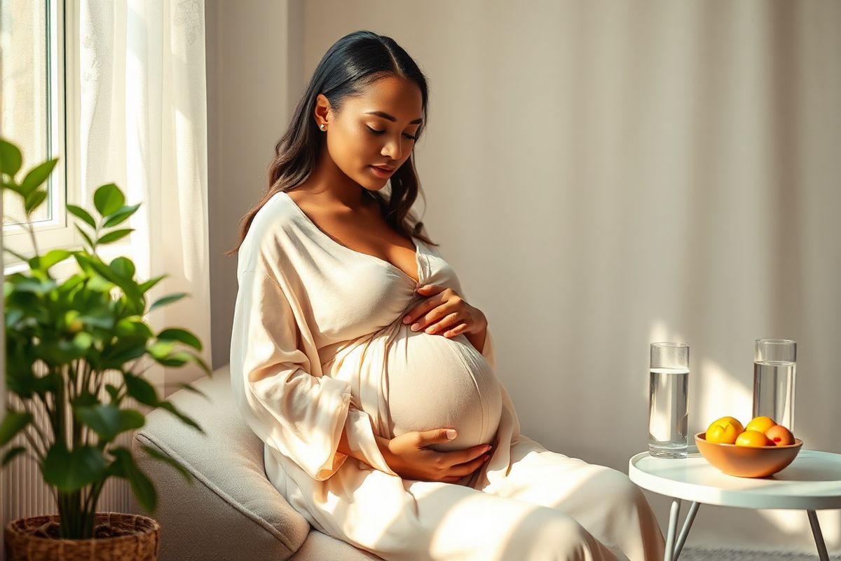 A serene and intimate scene depicting a pregnant woman sitting in a softly lit, cozy room. She is gently cradling her abdomen, her expression reflecting a mix of serenity and contemplation. The woman, of diverse ethnicity, is dressed in a flowing, comfortable maternity gown made of light, breathable fabric. Surrounding her are subtle elements of nature, such as a potted plant with lush green leaves and soft sunlight filtering through a nearby window, casting warm, golden rays. On a side table, a glass of water and a small bowl of fresh fruits symbolize health and wellness. The background is softly blurred, featuring calming pastel colors that evoke tranquility, with hints of floral patterns that add a touch of elegance. The overall ambiance of the image conveys themes of maternal care, the importance of health during pregnancy, and the nurturing bond between mother and child, creating a comforting visual narrative that aligns perfectly with the complexities of chronic hypertension and preeclampsia discussed in the article.