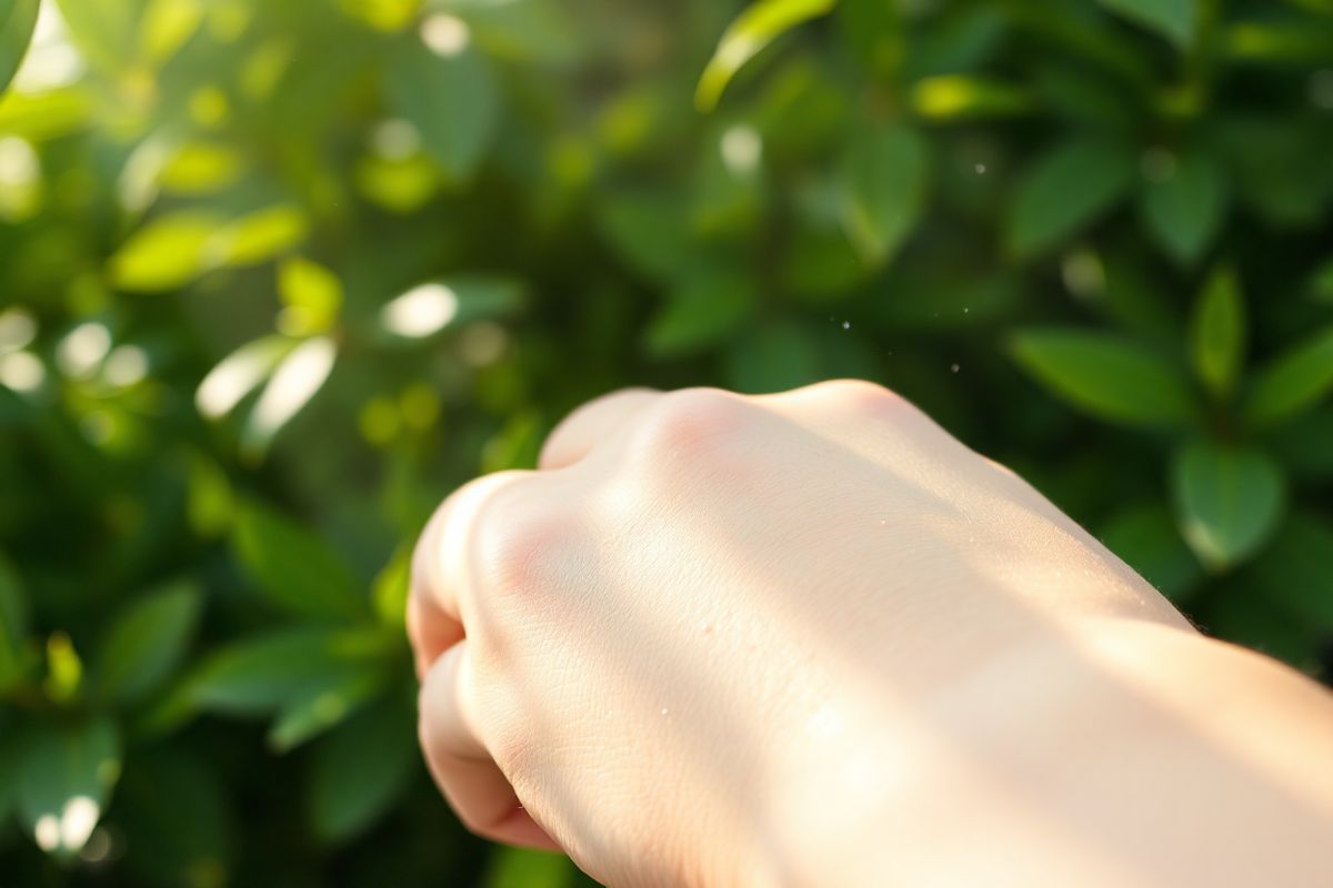 A serene and calming scene unfolds in the foreground, featuring a close-up of delicate, translucent wheals on a fair-skinned arm, glistening subtly under soft, diffused natural light. The skin appears slightly raised, showcasing the intricate textures and patterns of the wheals, which are faintly pink against the creamy complexion. Surrounding the arm is a blurred background of lush green foliage, symbolizing the connection to nature and tranquility.   In the upper portion of the image, soft sunlight filters through the leaves, creating a dappled effect that enhances the feeling of peace and serenity. A gentle breeze is suggested by the slight movement of leaves, while tiny particles of dust float in the light, adding to the ethereal atmosphere.   The overall color palette is soothing, consisting of soft greens, gentle whites, and warm skin tones, evoking a sense of calm and healing. This image captures the delicate balance of beauty and the challenges faced by individuals with Chronic Spontaneous Urticaria, making it a poignant visual representation of the condition without being clinical or harsh.