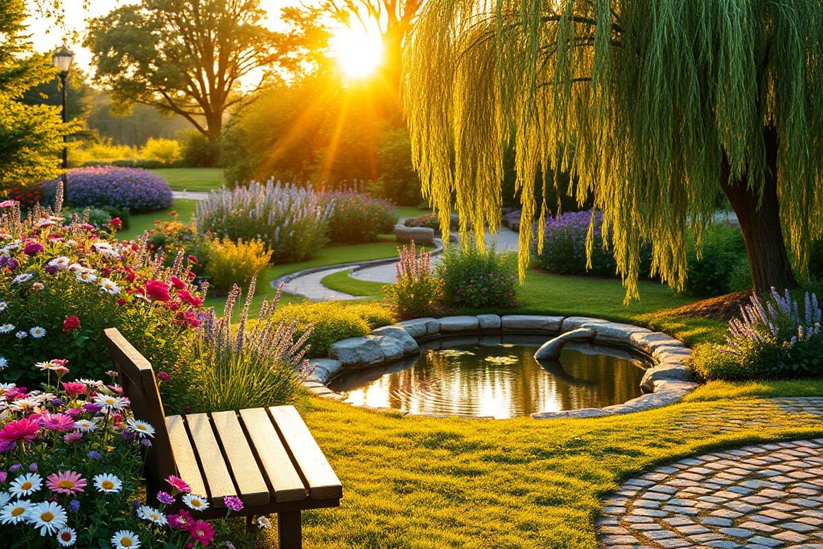 A photorealistic image depicting a serene outdoor scene, showcasing a tranquil garden during the golden hour of sunset. The landscape features a vibrant array of colorful flowers, including daisies, roses, and lavender, gently swaying in a soft breeze. In the foreground, a wooden bench invites visitors to sit and relax, surrounded by lush green foliage and a winding cobblestone path. A small, picturesque pond reflects the warm hues of the setting sun, with delicate ripples disturbing the surface, creating a sense of calm. Nearby, a graceful willow tree leans over the water, its long branches cascading down to touch the pond’s edge. In the background, soft golden light filters through the leaves, casting playful shadows on the ground. The overall atmosphere exudes tranquility and peace, symbolizing a moment of respite amidst the unpredictability of life, much like the experiences of patients with Chronic Spontaneous Urticaria. The image captures both the beauty of nature and the essence of healing, offering a visual representation of solace and serenity.