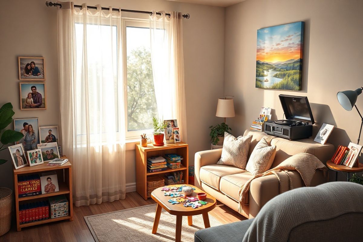 A serene, photorealistic scene depicting a cozy living room designed for individuals with Alzheimer’s. The room features soft, warm lighting that creates an inviting atmosphere. In the center, a comfortable armchair is positioned near a small wooden table adorned with colorful jigsaw puzzles and memory card games, inviting engagement. A window with sheer curtains lets in gentle sunlight, illuminating various framed photographs of family and friends on the wall, evoking a sense of nostalgia. In one corner, a small bookshelf is filled with vibrant art supplies like paints and brushes, alongside a few well-loved children’s books. A soothing painting of a tranquil landscape hangs above the armchair, while a record player in the background softly plays familiar tunes. Plush cushions and a cozy throw blanket are draped over the armchair, enhancing the comfort of the space. The overall composition conveys warmth, creativity, and a sense of belonging, perfectly complementing the theme of cognitive stimulation and engagement for individuals with Alzheimer’s.