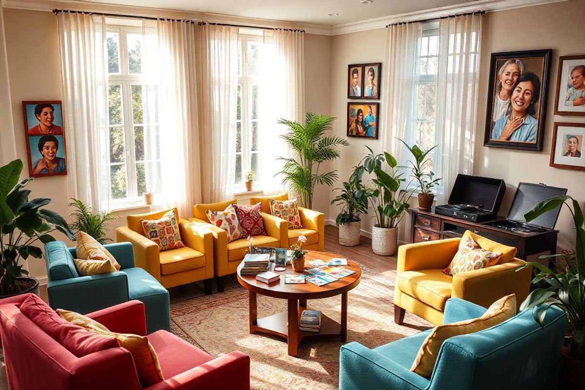 A serene and inviting room designed for cognitive stimulation therapy, featuring warm, natural light streaming through large windows adorned with soft, sheer curtains. The space is filled with comfortable, colorful seating arranged in a circle to encourage social interaction. On a central table, there are various brain games and activities, such as memory card games, jigsaw puzzles, and word games, all neatly organized and invitingly displayed. Surrounding the room are vibrant artworks and photographs that evoke nostalgia, featuring smiling faces of diverse individuals engaged in joyful activities. A cozy corner is dedicated to sensory experiences, equipped with soft textures, calming colors, and musical elements, like a vintage record player and a collection of classic vinyl records. Lush indoor plants add a touch of nature, enhancing the atmosphere of tranquility and engagement. The overall ambiance is warm and welcoming, designed to stimulate cognitive function while fostering connection and well-being for individuals with Alzheimer’s and their caregivers.