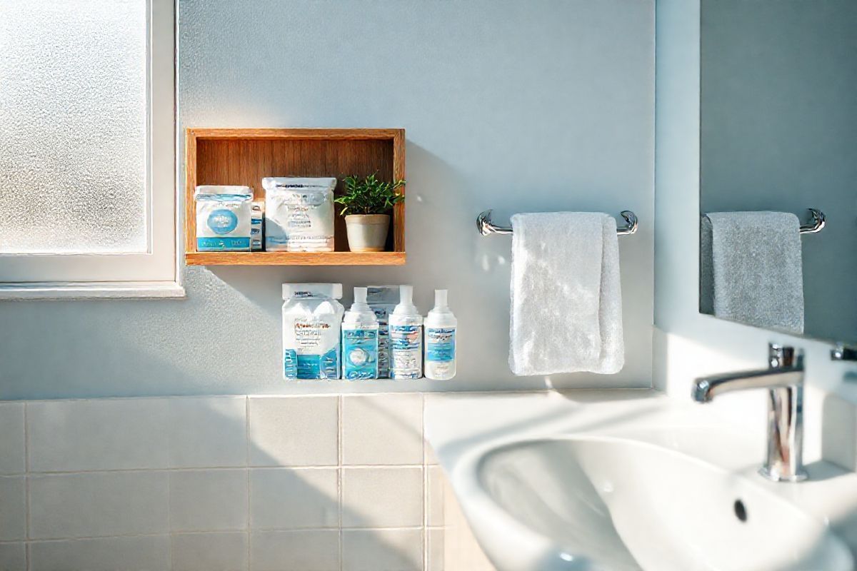 A photorealistic image captures a serene and clean bathroom setting, showcasing a neatly organized colostomy care station. The focal point is a decorative wooden shelf adorned with a variety of stoma care products, including skin barriers, adhesive removers, and colostomy bags, all elegantly arranged. A small potted plant adds a touch of greenery, symbolizing health and vitality. Soft, natural light filters through a frosted window, casting gentle shadows and highlighting the calming colors of the room—soft blues and whites. In the background, a plush towel hangs on a chrome rack, and a sleek sink with a modern faucet reflects the overall cleanliness and comfort of the space. The ambiance conveys a sense of dignity and ease, promoting a positive perspective on living with a colostomy. This visually appealing setup not only emphasizes practical care but also encourages a feeling of reassurance and support for individuals managing their colostomy.