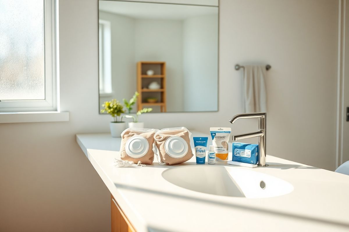 A serene, photorealistic image of a well-lit, modern bathroom designed for comfort and functionality. The scene features a sleek, white countertop with a stylish sink, surrounded by soft, natural light streaming in through a frosted window. In the foreground, a neatly organized colostomy care kit sits on the counter, showcasing a colostomy bag, wipes, and skin barrier products, all arranged harmoniously. Behind the sink, a large mirror reflects the calming decor, which includes subtle touches of greenery, such as a small potted plant and a fresh towel hanging on a rack. The walls are painted in soothing pastel colors, creating a warm and inviting atmosphere. A plush bath mat lies on the floor, adding comfort and style. The overall ambiance conveys a sense of peace and care, emphasizing the importance of personal hygiene and self-care for individuals living with a colostomy, while capturing a moment of everyday life in a tranquil and supportive environment.