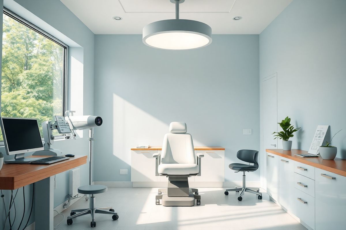 A close-up view of a serene, softly lit ophthalmology clinic room, featuring a sleek, modern examination chair positioned centrally under a large, softly glowing overhead light. The walls are painted in calming shades of light blue and white, creating a tranquil atmosphere. On one side, a high-tech eye examination machine with a digital display stands ready for use, surrounded by neatly organized eye charts and instruments on a wooden countertop. A large window allows natural light to flood the space, revealing a view of lush greenery outside, symbolizing clarity and vision. In the corner, a small potted plant adds a touch of life and warmth to the room. The overall ambiance conveys a sense of professionalism, care, and comfort, inviting patients into a safe space for vision correction procedures like Conductive Keratoplasty. The image captures the essence of advanced eye care technology while maintaining a welcoming and reassuring environment.