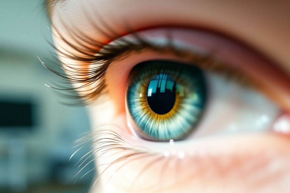 A close-up view of a human eye, showcasing the intricate details of the cornea and surrounding structures. The cornea is slightly illuminated, highlighting its smooth surface and delicate layers, with a subtle hint of haze that suggests the potential for scarring. Surrounding the eye, soft, natural light filters in, creating a serene and tranquil ambiance. The iris displays a rich blend of colors, with shades of deep blue and green merging seamlessly, while tiny flecks of gold add depth and intrigue. The pupil is perfectly round and dark, drawing the viewer’s attention. In the background, a blurred, softly lit medical setting hints at an ophthalmology clinic, featuring gentle colors and smooth lines that evoke a sense of calm and safety. The overall composition emphasizes the beauty and complexity of the eye, while subtly alluding to the medical context of vision correction procedures, inviting viewers to reflect on the importance of eye health and the potential impacts of surgical interventions.