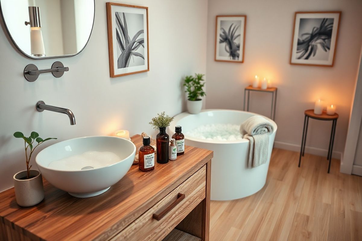 A photorealistic decorative image features a serene, inviting bathroom setting, emphasizing relaxation and self-care. The focal point is a beautifully arranged wooden vanity adorned with a sleek, modern sink. On the countertop, a variety of organic skincare products, including natural oils and soothing creams, are neatly displayed beside a small potted plant, adding a touch of greenery. Soft, warm lighting from a stylish wall-mounted lamp casts a gentle glow, enhancing the calming atmosphere.   In the background, a luxurious bathtub filled with bubbles and surrounded by flickering candles creates an inviting space for a soothing soak. A fluffy, rolled-up towel rests on the edge of the tub, hinting at comfort and relaxation. The walls are painted in soft, pastel hues, complemented by elegant artwork that evokes tranquility. The floor is a polished light wood, adding warmth to the space. The overall composition conveys a sense of wellness, encouraging viewers to take time for self-care and consider the importance of digestive health, subtly tying in with the theme of managing constipation.