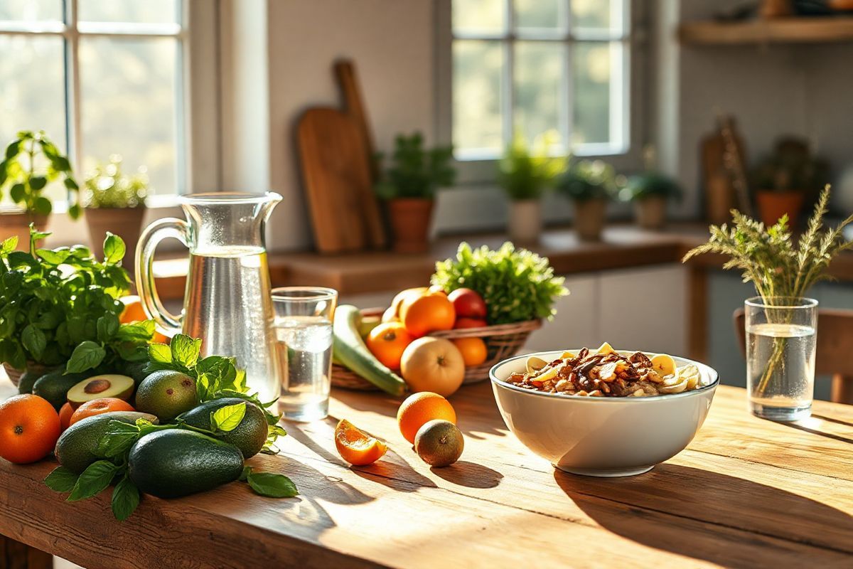 A serene, photorealistic image of a cozy, sunlit kitchen setting. The scene features a rustic wooden table adorned with an array of colorful fruits and vegetables, such as ripe avocados, vibrant oranges, and leafy greens, symbolizing a high-fiber diet. In the background, a large window allows soft, warm sunlight to pour in, casting gentle shadows on the table. On one side, a clear glass pitcher filled with refreshing water sits next to a glass filled with ice, emphasizing the importance of hydration. The kitchen is decorated with potted herbs like basil and rosemary, adding a touch of greenery and freshness. A bowl of oatmeal topped with sliced bananas and nuts sits invitingly on the table, representing a healthy breakfast option. The atmosphere is calm and inviting, suggesting a space where one can enjoy nutritious meals and practice self-care, highlighting the connection between a balanced diet and digestive health. The overall color palette is warm and earthy, creating a sense of comfort and wellness, perfectly complementing the theme of managing medication-induced constipation through lifestyle changes.