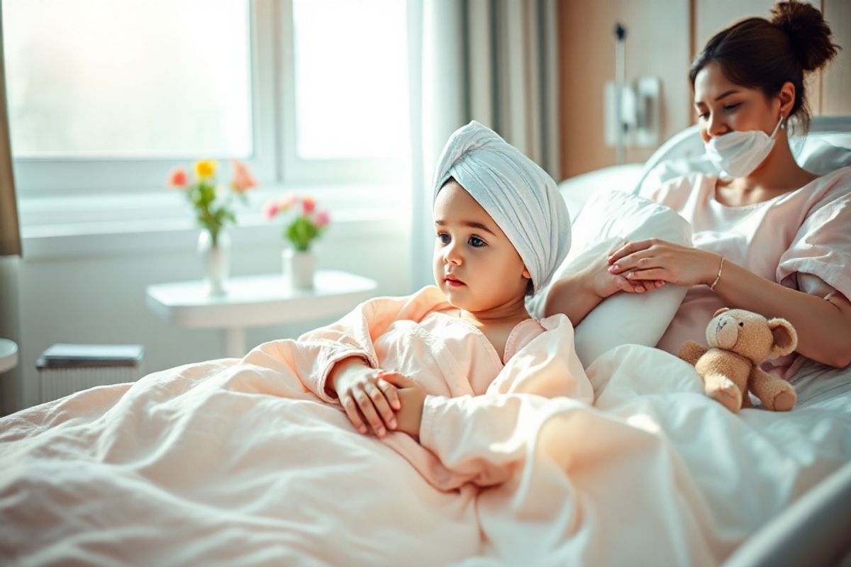 A serene and comforting hospital room is depicted, softly illuminated by natural light streaming through a large window. In the center, a young child lies in a hospital bed, wrapped in a cozy, pastel-colored blanket. The child wears a gentle, turban-like dressing around their head, with a serene expression on their face, conveying a sense of peace despite the recent surgery. Beside the bed, a caring parent sits in a chair, holding the child’s hand, their face reflecting concern mixed with relief. On the bedside table, there are a few toys, such as a plush teddy bear and a colorful children’s book, symbolizing comfort and hope. A small vase of fresh flowers adds a touch of warmth and liveliness to the scene. In the background, a nurse can be seen quietly monitoring the child, showcasing a supportive and attentive healthcare environment. The overall color palette features soft pastels and warm tones, creating a calming atmosphere that emphasizes recovery, love, and the importance of supportive care in the healing process.