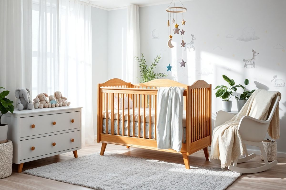 A serene and inviting nursery scene, softly illuminated by natural light streaming through sheer curtains. The focal point is a beautifully crafted wooden crib adorned with plush, pastel-colored bedding featuring subtle patterns of clouds and stars. Surrounding the crib are delicate, hand-painted wall murals depicting whimsical animals and nature scenes, creating a calming atmosphere. On a nearby dresser, a collection of plush toys in gentle hues, including a soft elephant and a cuddly bunny, are neatly arranged. The floor is covered with a plush area rug in light gray, providing a cozy space for play. In the background, a gentle rocking chair invites relaxation, draped with a knitted blanket. Potted plants with lush green leaves add a touch of life and freshness to the room, while a soft mobile hangs above the crib, featuring stars and moons that gently sway. The overall color palette is soothing, with soft blues, pinks, and whites, evoking a sense of warmth, safety, and nurturing, perfectly aligning with the themes of early intervention and support in the context of craniosynostosis treatment.