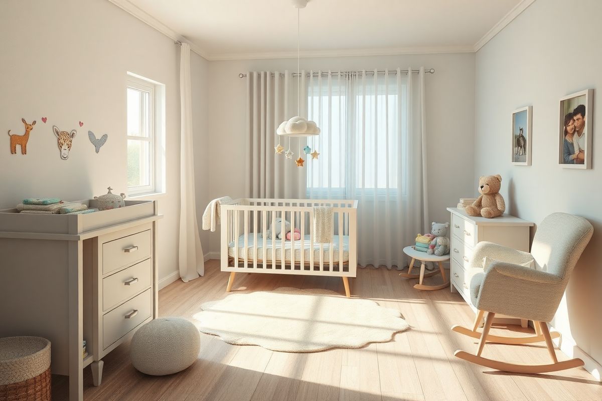 A photorealistic image depicting a serene nursery room designed for an infant with craniosynostosis. The room features soft pastel colors, with gentle lighting casting a warm glow. In the center, a cozy crib adorned with a plush mobile of clouds and stars hangs above it, symbolizing care and comfort. On the walls, subtle illustrations of animals and nature provide a calming atmosphere. A soft rug lies on the floor beside the crib, inviting interaction and play. Nearby, a changing table is stocked with baby supplies, including colorful diapers and soft toys. A comfortable rocking chair sits in the corner, perfect for soothing late-night feedings. The window is adorned with sheer curtains, allowing natural light to filter in, creating a peaceful environment. In the background, a framed picture of a happy family is subtly visible, conveying love and support. The entire scene evokes a sense of nurturing and hope, ideal for a child undergoing treatment for craniosynostosis. This image encapsulates the essence of comfort, security, and the importance of a supportive space for both the child and the family.