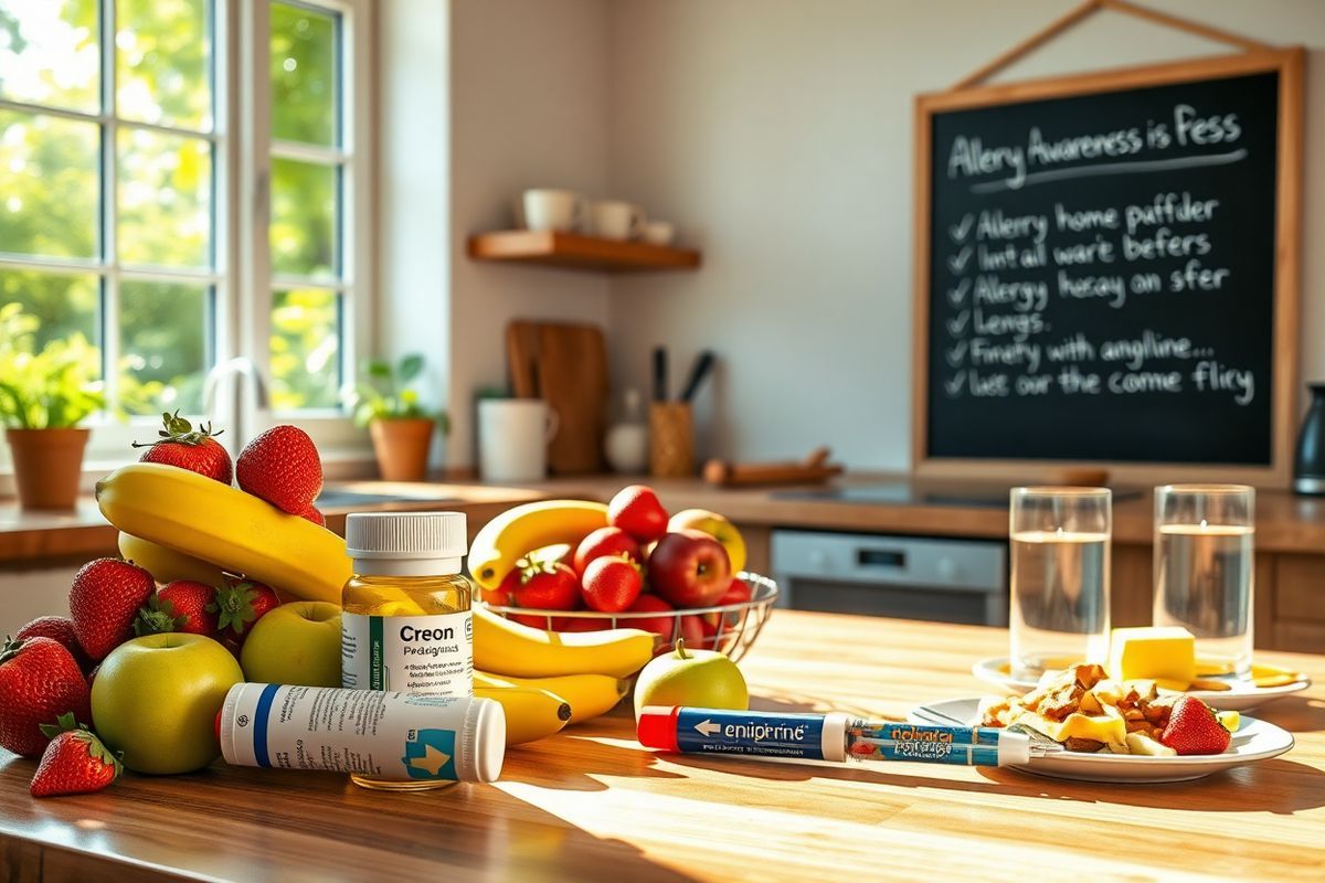 A photorealistic image depicts a serene kitchen setting bathed in warm, natural light. The focal point is a wooden dining table adorned with a variety of fresh, colorful fruits—ripe strawberries, bright yellow bananas, and vibrant green apples—symbolizing health and vitality. In the background, a window offers a view of a lush garden, with sunlight filtering through the leaves, creating a tranquil ambiance. The countertops are neatly arranged with medical items, including a prescription bottle of Creon and a small, elegant epinephrine auto-injector, subtly hinting at the importance of managing allergies. Nearby, a glass of clear water and a plate of wholesome, home-cooked food suggest a balanced diet, promoting wellness. On the wall, a chalkboard displays a simple checklist for allergy awareness, emphasizing the need for mindfulness in dietary choices. The overall composition radiates a sense of calm and safety, inviting viewers to reflect on the significance of health management in everyday life without being overtly clinical.