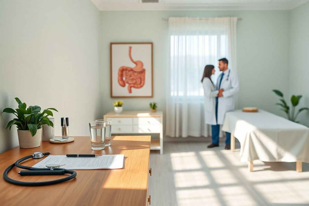 A serene and inviting medical setting, featuring a clean, well-lit examination room with gentle pastel walls. In the foreground, a wooden desk holds a neatly arranged assortment of medical supplies, including a stethoscope, prescription pad, and a glass of water, symbolizing proactive health management. On the wall behind, a framed poster of the human digestive system is visible, emphasizing the focus on gastrointestinal health. A comfortable examination table, draped with a soft, white sheet, sits to the side, inviting patients to discuss their concerns. A small potted plant adds a touch of nature, symbolizing healing and well-being. Natural light filters in through a window adorned with sheer curtains, creating a calming ambiance. In the background, a healthcare provider, dressed in a crisp white lab coat, is seen engaging with a patient, exemplifying the importance of proactive communication in healthcare. The overall atmosphere is warm and reassuring, evoking a sense of safety and support for patients managing their health while taking Creon.