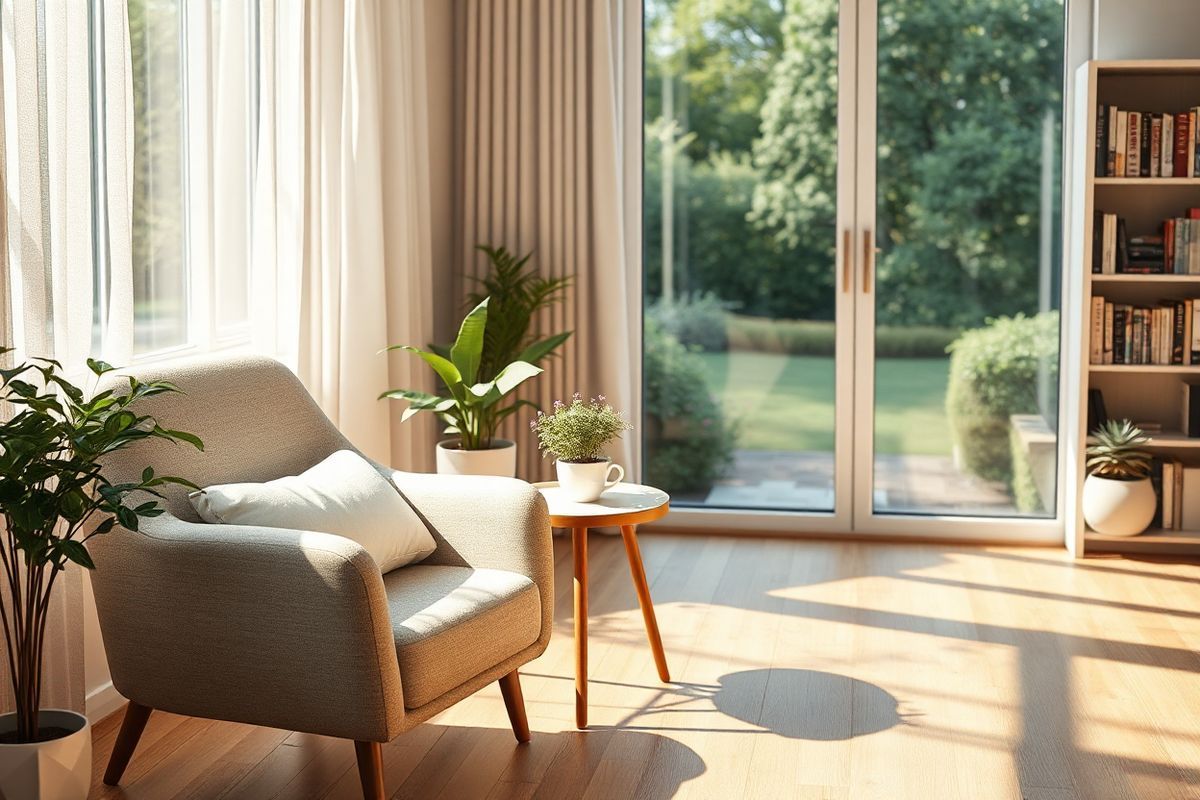 A photorealistic image depicting a serene, sunlit room with a large window overlooking a tranquil garden would beautifully illustrate the theme of degenerative scoliosis and its impact on daily life. The room is furnished with a comfortable, ergonomic armchair and a small side table holding a cup of herbal tea, symbolizing comfort and self-care. Soft, warm light filters through sheer curtains, casting gentle shadows on a wooden floor. In the background, a bookshelf filled with health and wellness books hints at the importance of knowledge and understanding in managing the condition. Subtle decorative plants, such as a potted fern and a small succulent, add a touch of nature, representing vitality and growth. An orthopedic pillow rests on the chair, emphasizing the focus on spinal health and comfort. The overall ambiance is calm and inviting, encouraging relaxation and reflection, which aligns with the message of addressing the challenges associated with degenerative scoliosis through awareness and care. This image conveys a sense of hope and healing, making it an ideal visual companion to the informative content on degenerative scoliosis.