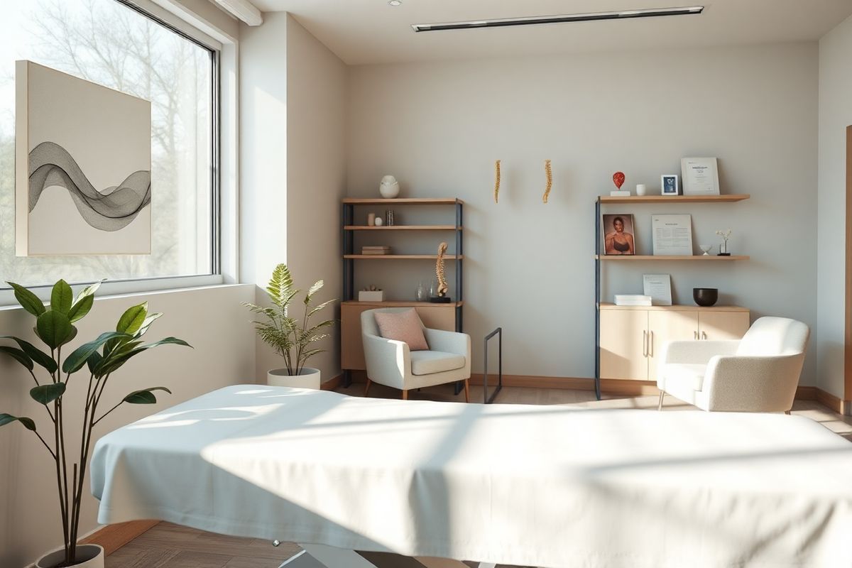 A photorealistic image of a serene and inviting orthopedic clinic room, featuring a large window that allows natural light to flood the space. The room is elegantly decorated with soft, neutral tones and minimalistic furnishings. In the foreground, a comfortable examination table draped in a crisp white sheet invites patients to feel at ease. A subtle abstract artwork depicting gentle curves hangs on the wall, symbolizing the spine’s natural alignment. Beside the table, a small plant adds a touch of greenery, promoting a calm and healing atmosphere. In the background, shelves neatly display anatomical models of the spine and educational materials about degenerative scoliosis. A cozy seating area with plush chairs is arranged near the window, creating an inviting spot for patients to relax. Soft, ambient lighting complements the natural light, enhancing the room’s tranquility. The overall composition evokes a sense of care, professionalism, and comfort, reflecting a supportive environment for individuals seeking treatment and understanding of degenerative scoliosis.