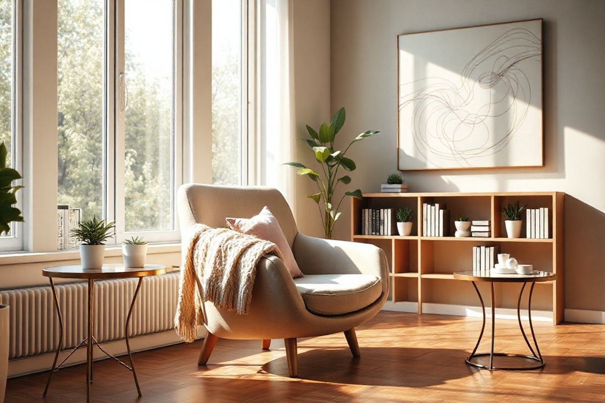 A photorealistic image depicting a serene indoor environment that embodies comfort and support for individuals with degenerative scoliosis. The scene features a cozy living room with warm, natural lighting streaming through large windows, illuminating a plush, ergonomic armchair positioned next to a small, elegant side table. The chair is designed with lumbar support, showcasing gentle curves that invite relaxation. A soft, knitted blanket drapes over one arm, while a couple of decorative cushions in calming pastel colors rest on the seat.  In the background, a minimalist bookshelf holds an array of health and wellness books alongside potted plants that add a touch of greenery. A wooden floor complements the warm tones of the room, and a large abstract painting hangs on the wall, depicting flowing lines that evoke a sense of movement and balance, symbolizing the body’s journey towards alignment. The overall atmosphere is one of tranquility, encouraging self-care and awareness, making it an ideal visual representation of the importance of recognizing and managing the symptoms of degenerative scoliosis.