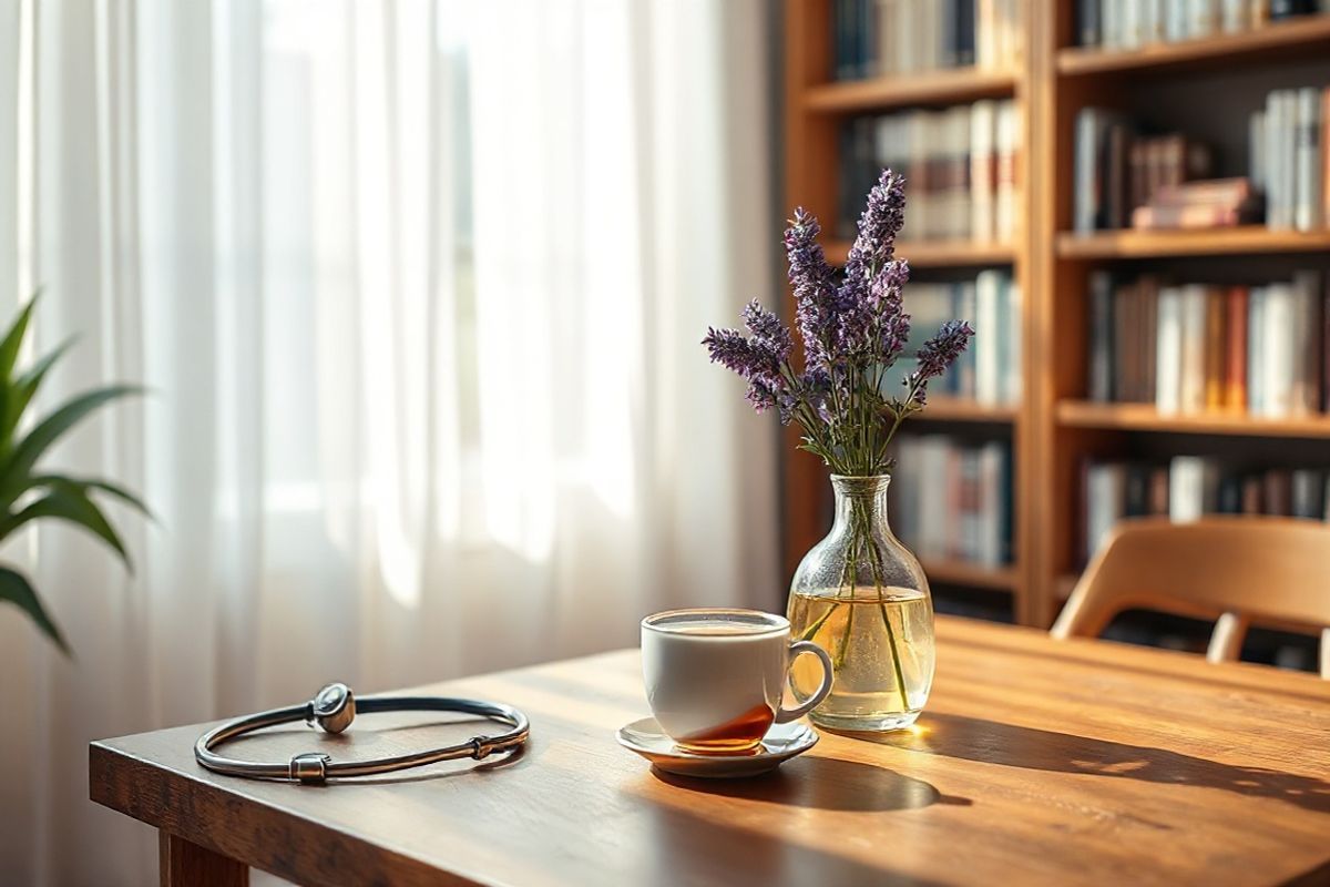 A serene, photorealistic image depicting a tranquil setting in a cozy, sunlit room. The scene features a wooden table adorned with a small, elegant vase holding fresh lavender flowers, exuding a calming fragrance. In the background, a gently blurred bookshelf filled with medical textbooks and anatomy references suggests a scholarly atmosphere. Soft sunlight filters through sheer white curtains, casting delicate shadows across the table. Nearby, a stethoscope lies casually on the surface, hinting at the medical theme of the space. A cup of herbal tea rests beside the vase, steam rising gently, symbolizing comfort and healing. The color palette combines warm earth tones with soft pastels, creating a soothing ambiance that invites relaxation and contemplation, perfectly complementing the subject of health and well-being associated with phenytoin treatment.