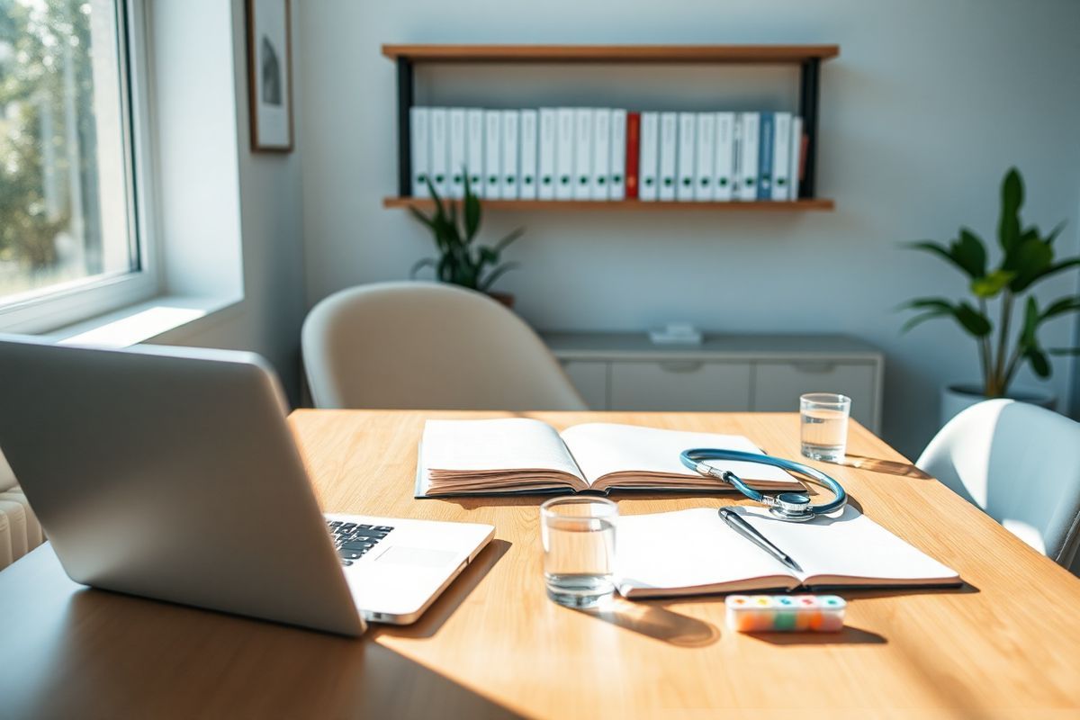 A serene and inviting scene unfolds in a softly lit medical office. The focal point is a polished wooden desk adorned with a sleek laptop, an open notebook, and a stethoscope, symbolizing the connection between healthcare and patient care. In the background, a wall-mounted shelf displays neatly organized medical textbooks, with a potted plant adding a touch of greenery and warmth to the environment. A comfortable chair is positioned beside the desk, inviting patients to sit and engage. Sunlight streams through a large window, casting gentle shadows and highlighting the calming color palette of soft blues and whites in the decor. On the desk, a small glass of water and a pill organizer convey the importance of medication adherence and health management. The overall ambiance is peaceful and professional, reflecting a space where patients can discuss their health concerns and feel supported in their journey with epilepsy and phenytoin treatment. The image captures a moment of care and consideration, emphasizing the importance of communication between healthcare providers and patients.