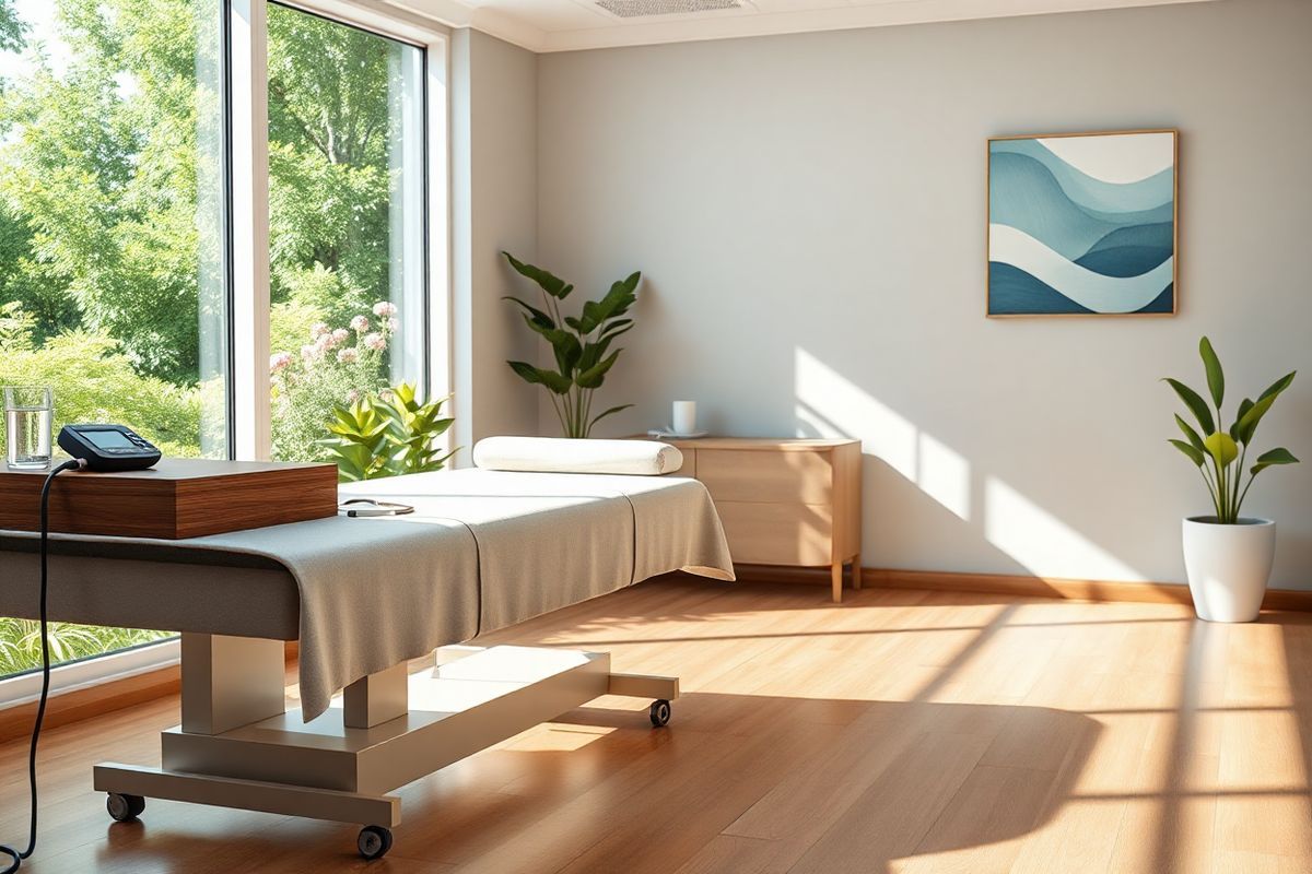 A photorealistic image depicting a serene and calming scene in a modern healthcare setting. The foreground features a well-appointed doctor’s office with a comfortable examination table draped in soft, neutral-colored fabric. Nearby, a sleek wooden desk is adorned with a stethoscope, a digital blood pressure monitor, and a glass of water, symbolizing patient care and monitoring.   In the background, large windows allow natural light to flood the room, casting gentle shadows on the polished wooden floor. Outside, a lush garden can be seen, with vibrant green foliage and blooming flowers, promoting a sense of tranquility and healing.   On the wall, a subtle piece of abstract art in soft blues and greens adds a touch of sophistication and relaxation. The overall atmosphere is inviting and peaceful, designed to make patients feel at ease. The image encapsulates the essence of health management, emphasizing the importance of understanding and addressing side effects in a supportive environment, making it a perfect visual complement to the topic of Diovan and its side effects.