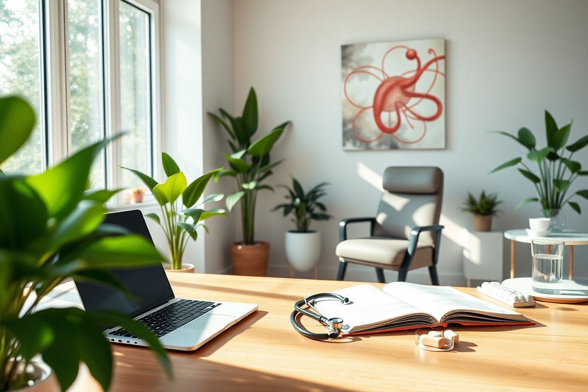 A serene and inviting clinical setting, featuring a modern doctor’s office with soft, natural lighting streaming through large windows. The room is adorned with potted green plants, reflecting a sense of calm and well-being. In the foreground, an elegant wooden desk holds a sleek laptop and an open medical textbook, hinting at the discussion of anticoagulation therapies. Nearby, a comfortable examination chair is neatly positioned, with a stylish stethoscope draped over its arm. The walls are painted in soothing pastel colors, adorned with abstract art that symbolizes the flow of blood and the intricacies of the human circulatory system. On a side table, a glass of water and a pill organizer are visible, subtly illustrating the importance of medication management. The overall ambiance conveys professionalism and warmth, making it an ideal environment for patient consultation and education about direct oral anticoagulants (DOACs). The image captures the essence of modern healthcare, focusing on comfort, accessibility, and advanced medical knowledge.