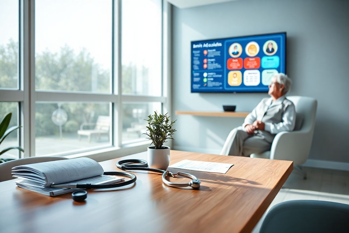 A photorealistic image depicting a tranquil scene in a modern healthcare setting would complement the information about Direct Oral Anticoagulants (DOACs). The image features a sleek, well-lit doctor’s office with a large window allowing natural light to flood the space. In the foreground, a polished wooden table is adorned with a neatly arranged set of medical charts, a stethoscope, and a small potted plant, symbolizing care and wellness.   On the wall, a digital screen displays a vibrant infographic illustrating the benefits of DOACs, subtly hinting at their convenience and effectiveness. In the background, a healthcare professional, dressed in a crisp white coat, is seen engaging with an elderly patient who appears relaxed and attentive, fostering a sense of trust and comfort. The room is decorated in soothing colors, with soft blues and greens, promoting a calm atmosphere.   Soft shadows and reflections add depth to the image, enhancing its realism. Overall, the scene conveys a sense of modern medicine and the positive impact of innovative treatments like DOACs on patient care and management.