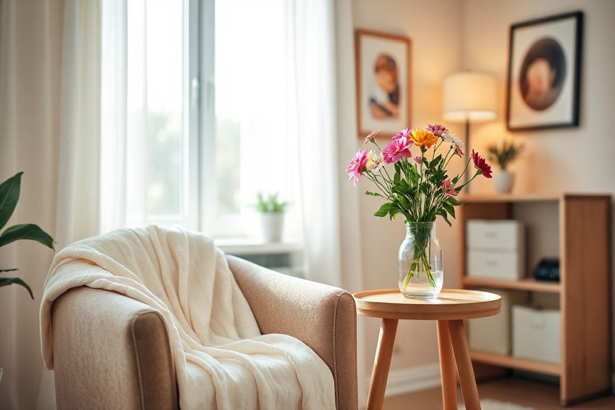 A serene and intimate scene captures a beautifully arranged prenatal care setting. In the foreground, a soft, plush armchair is draped with a light, pastel-colored blanket, creating a welcoming atmosphere. Next to the chair, a small wooden side table holds a delicate vase filled with fresh, vibrant flowers symbolizing health and vitality. The background features a gently lit room with warm, neutral tones, and an inviting window that allows soft, natural light to stream in, illuminating the space. On the walls, subtle artwork depicting abstract representations of maternal care and growth enhances the ambiance. A small potted plant sits on a shelf, adding a touch of greenery and life to the environment. The overall composition exudes tranquility and support, embodying the essence of care and nurturing often associated with prenatal health, while subtly reflecting the importance of monitoring and managing pregnancy-related risks. The image conveys a sense of safety, comfort, and hope, making it an ideal visual representation to complement the themes of eclampsia and maternal well-being.