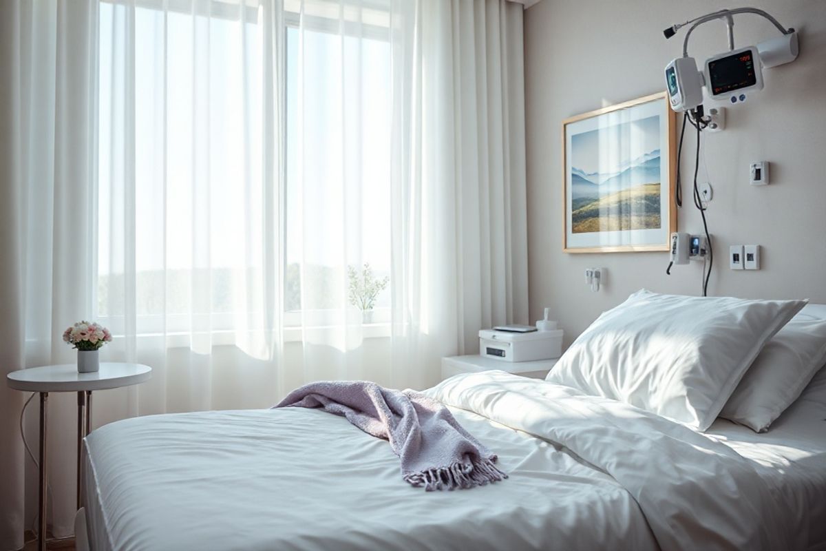 A serene and photorealistic image depicting a tranquil hospital room illuminated by soft, natural light filtering through sheer curtains. In the foreground, a cozy hospital bed is neatly made with crisp white linens, accentuated by a delicate lavender throw blanket. A bedside table holds a small bouquet of fresh flowers, bringing a touch of warmth and color to the space. On the wall, a framed painting of a peaceful landscape adds an element of calm. In the background, a window reveals a clear blue sky, symbolizing hope and new beginnings. Subtle medical equipment is present, such as a blood pressure monitor and a fetal heart rate monitor, blending seamlessly into the comforting environment. The overall atmosphere is one of safety, support, and care, reflecting the importance of monitoring and managing pregnancy complications, while evoking a sense of serenity and optimism for mothers-to-be and their families.