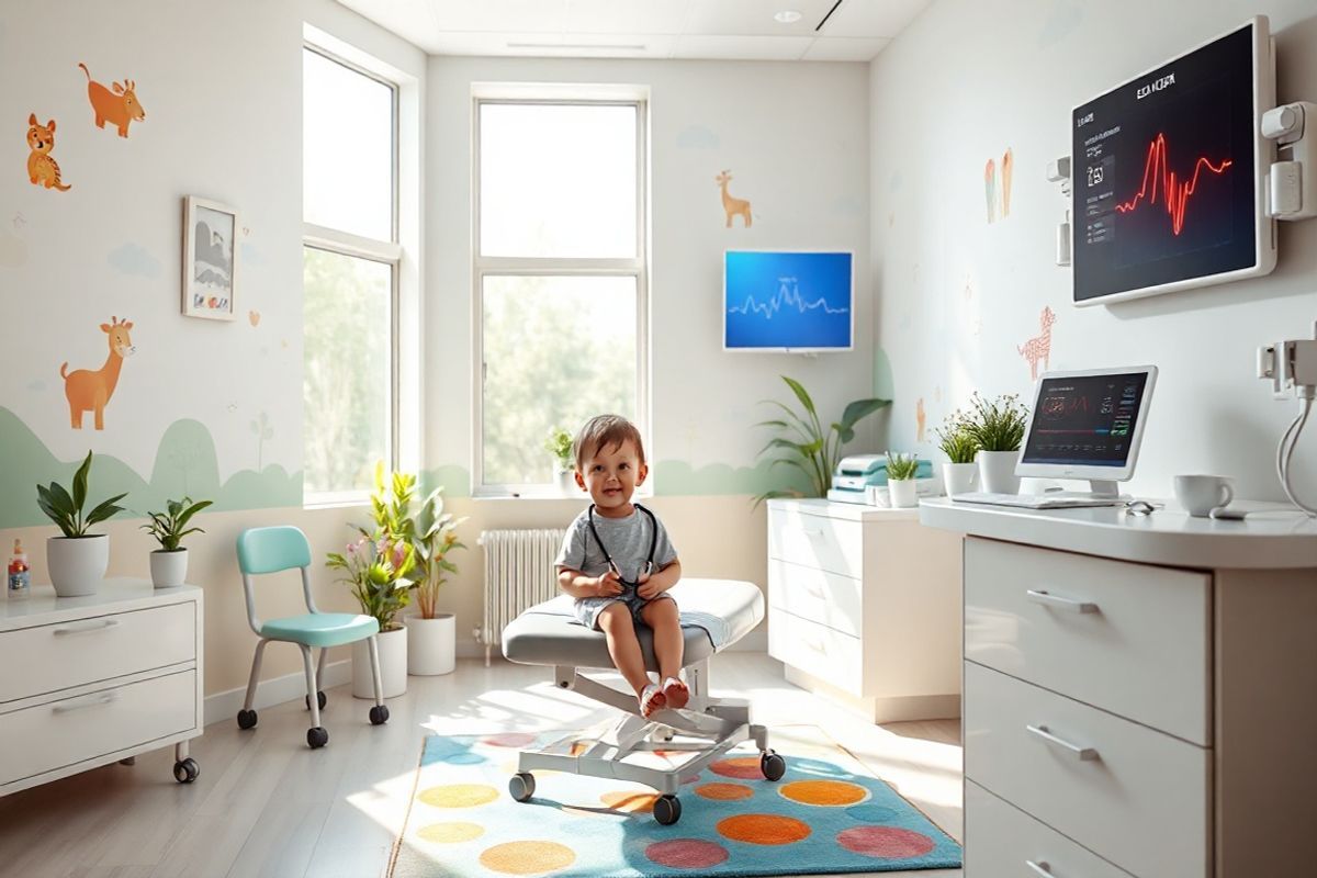 A serene pediatric clinic setting is depicted, showcasing a bright and welcoming environment designed for children’s comfort. The room features soft pastel-colored walls adorned with cheerful animal-themed murals, creating a playful atmosphere. In the foreground, a young child sits on an examination table, appearing relaxed and curious, with a friendly pediatrician nearby, gently holding a stethoscope and smiling reassuringly. Natural light streams in through large windows, illuminating the space and highlighting a colorful rug on the floor. Various medical instruments are neatly arranged on a nearby counter, emphasizing a sense of professionalism. In the background, a digital heart monitor displays a steady heartbeat, symbolizing the focus on cardiac health. Potted plants add a touch of nature, enhancing the calm ambiance. The overall scene conveys a sense of care, hope, and trust, reflecting the importance of pediatric health and the management of conditions like Ectopic Atrial Tachycardia in children.