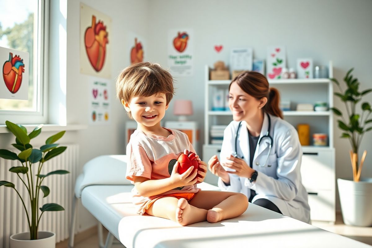 A serene pediatric clinic setting bathed in soft, natural light filtering through large windows. In the foreground, a young child, around five years old, sits comfortably on an examination table, looking curiously at a small toy heart model in their hands. The child has a bright smile, exuding innocence and wonder, with tousled hair and wearing a colorful t-shirt. Surrounding the examination area, there are vibrant posters of the human heart and healthy lifestyle tips on the walls, contributing to a warm and inviting atmosphere. A pediatric cardiologist, a compassionate-looking woman in a white lab coat, kneels beside the child, engaging them with a gentle smile while holding a stethoscope. The background features a well-organized shelf filled with pediatric medical tools and heart-related educational materials, emphasizing the focus on heart health. Soft pastel colors dominate the space, creating a calming environment, while a plant in the corner adds a touch of nature, symbolizing growth and well-being. The overall image conveys a sense of care, support, and hope, highlighting the importance of managing pediatric heart conditions like Ectopic Atrial Tachycardia.