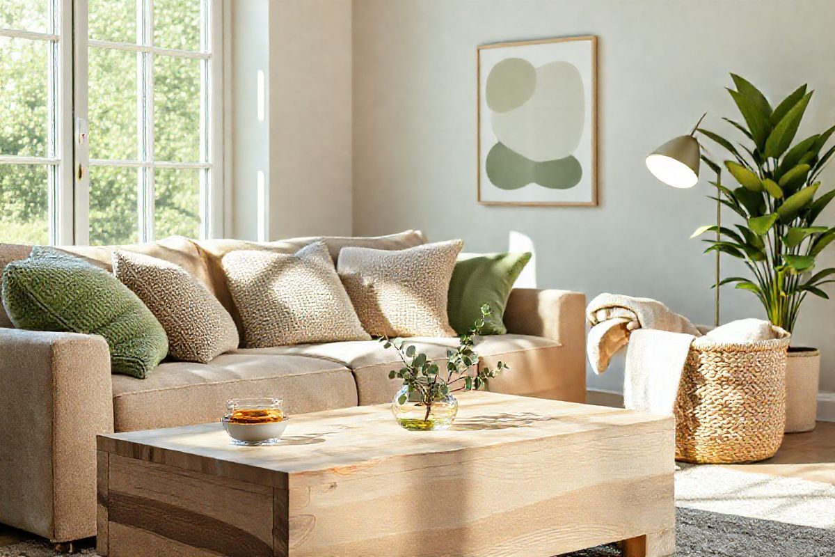 A serene and inviting indoor scene showcases a cozy living room bathed in soft, natural light filtering through large windows. The focal point is a plush, overstuffed sofa adorned with an array of textured throw pillows in calming hues of green and beige. A light, airy coffee table made of reclaimed wood sits in front, holding a steaming cup of herbal tea and a small vase filled with fresh eucalyptus leaves. Nearby, a woven basket filled with cozy blankets rests against a modern floor lamp with a warm glow. In the background, a potted plant with vibrant green foliage adds a touch of nature, symbolizing a peaceful atmosphere conducive to relaxation and healing. The walls are painted in soft pastels, complemented by minimalistic artwork depicting abstract shapes that evoke a sense of calm. The overall composition exudes tranquility and comfort, creating a perfect visual representation of a space where individuals can unwind and manage their health amidst the challenges of conditions like eosinophilic bronchitis.