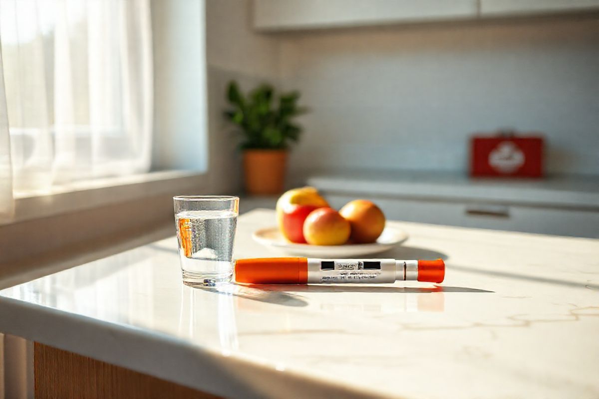 A photorealistic image depicts a serene, well-lit kitchen countertop featuring a neatly arranged EpiPen auto-injector alongside a small glass of water and a plate holding a few fresh fruits, such as apples and bananas. The countertop is made of polished white marble, reflecting the soft natural light streaming in from a nearby window with sheer curtains. In the background, a potted plant adds a touch of greenery, while a first-aid kit is subtly placed on a shelf, symbolizing preparedness. The scene conveys a sense of calm and safety, emphasizing the importance of having an EpiPen readily available in case of an allergic reaction. The overall aesthetic is clean and inviting, capturing the essence of emergency readiness in a home environment without any clutter. The colors are warm and harmonious, creating a comforting atmosphere that aligns with the theme of health and wellness.