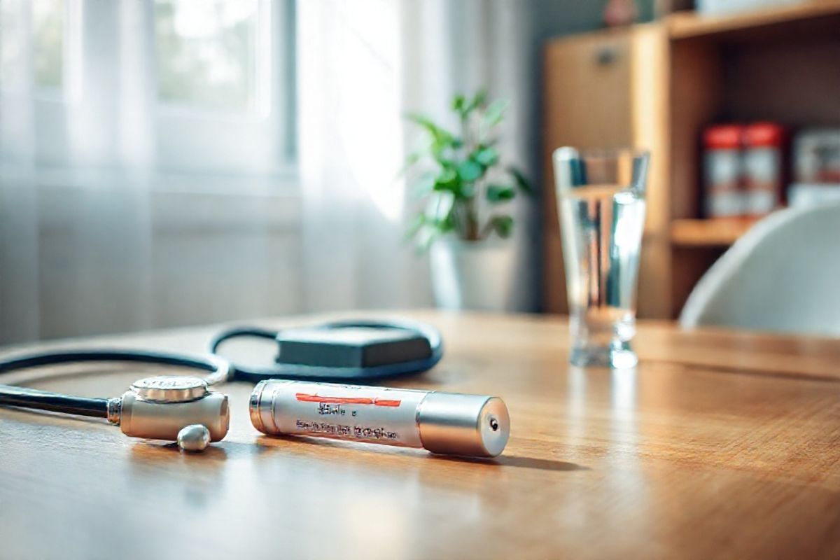 A photorealistic image depicting a serene and clean emergency medical setting, featuring an EpiPen prominently placed on a polished wooden table. The EpiPen is the focal point, its sleek design glistening under soft, natural light filtering through a nearby window. Surrounding the EpiPen are essential items for allergy management: a stethoscope, a digital blood pressure monitor, and a glass of water, symbolizing readiness for an emergency. In the background, a blurred medical kit sits on a shelf, hinting at preparedness. The color palette is calming, with soft whites, blues, and greens, evoking a sense of safety and reassurance. A potted plant adds a touch of nature to the scene, suggesting growth and healing. The overall composition harmonizes the urgency of anaphylaxis management with a tranquil environment, emphasizing the importance of being prepared and educated about allergies and their treatment.