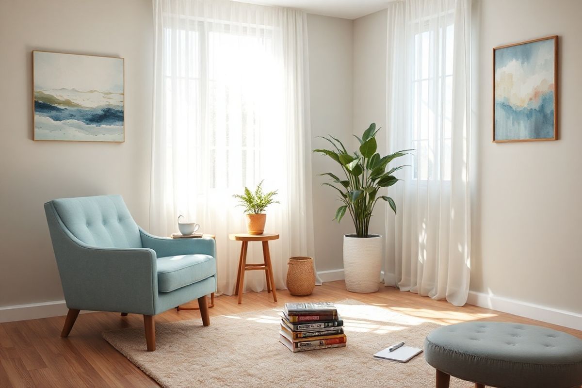 A serene therapy room bathed in soft, natural light. The space features a comfortable, inviting armchair upholstered in a calming shade of light blue, positioned beside a small wooden side table that holds a steaming cup of herbal tea. On the walls, gentle watercolor paintings of tranquil landscapes and abstract art evoke a sense of calm and introspection. A large window with sheer white curtains allows sunlight to filter through, casting a warm glow across the room and illuminating a lush green plant in the corner. The floor is adorned with a plush area rug in muted earth tones, enhancing the cozy atmosphere. Nearby, a stack of therapy books and a notepad with a pen lie on a low coffee table, emphasizing the focus on self-reflection and growth. The overall ambiance is peaceful and nurturing, encouraging individuals to confront their thoughts and feelings in a safe and supportive environment, perfectly reflecting the principles of Exposure and Response Prevention (ERP) therapy for OCD.