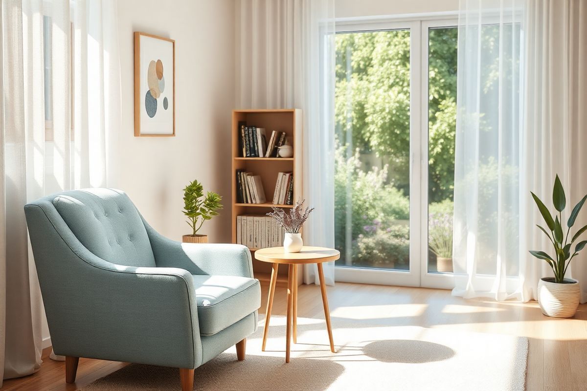 A serene therapy room bathed in soft, natural light filtering through sheer curtains, creating a warm and inviting atmosphere. In the foreground, a comfortable, plush armchair upholstered in a calming light blue fabric sits beside a small round table. The table is adorned with a simple vase holding fresh lavender, adding a touch of color and a soothing scent to the space. On the walls, subtle artwork depicting abstract shapes in muted tones evokes a sense of tranquility. A bookshelf filled with neatly arranged self-help books and therapeutic resources occupies one corner, while a small potted plant adds a vibrant green touch nearby. The floor is covered with a light beige rug that enhances the room’s cozy ambiance. In the background, a window reveals a peaceful garden view, with lush greenery and blooming flowers, symbolizing growth and healing. The entire scene exudes a sense of safety and support, perfectly capturing the essence of an environment conducive to ERP therapy for OCD, where individuals can feel at ease as they embark on their therapeutic journey.