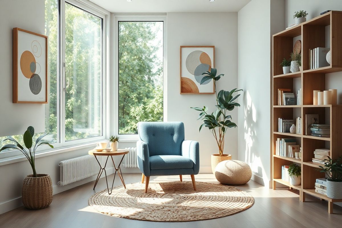 A serene, photorealistic scene captures a tranquil therapy room designed for ERP sessions. The room features soft, natural light streaming through large, floor-to-ceiling windows, surrounded by lush greenery outside, creating a calming atmosphere. In the center, a comfortable, plush armchair in a muted blue fabric invites relaxation, with a small side table holding a steaming cup of herbal tea. On the walls, soothing artwork depicting abstract shapes in earthy tones promotes a sense of peace and focus. A cozy, woven rug lies beneath the chair, adding warmth to the space. Nearby, a bookshelf filled with psychology books and calming decor items, such as potted plants and candles, contributes to the inviting ambiance. The overall color palette is soft and muted, featuring gentle whites, greens, and blues, evoking feelings of safety and tranquility, ideal for individuals confronting their fears in therapy. The scene perfectly encapsulates the essence of support and healing, making it an ideal visual representation of the therapeutic journey in ERP for OCD.