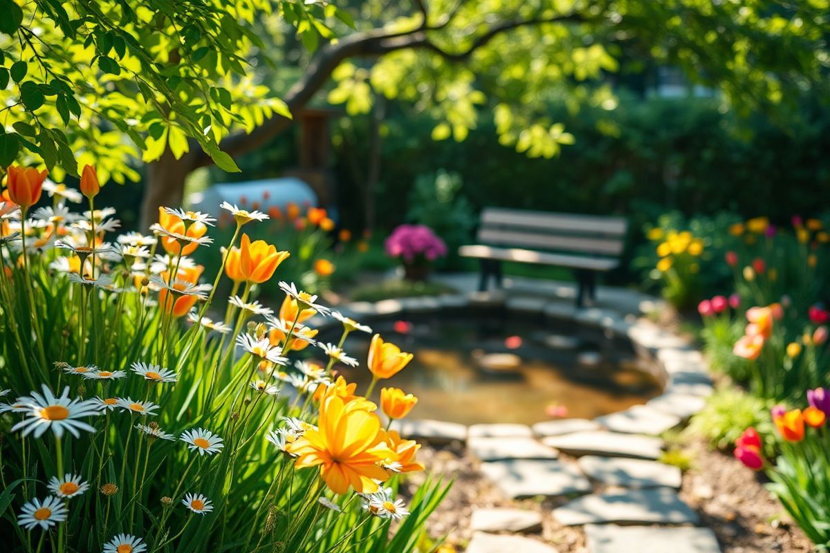 A serene outdoor scene depicting a sunlit garden filled with vibrant, blooming flowers surrounding a clear, tranquil pond. In the foreground, delicate daisies and vivid tulips sway gently in a light breeze, while lush green foliage frames the scene. The sunlight filters through the leaves of a nearby tree, casting dappled shadows on the ground. A soft focus effect blurs the background, creating an ethereal atmosphere. Reflected in the pond’s surface are the colorful petals above, creating a harmonious blend of colors. A small stone path leads to a cozy seating area with a rustic wooden bench, inviting viewers to sit and enjoy the beauty of nature. This idyllic setting evokes a sense of calm and tranquility, symbolizing the importance of regular skin checks and self-care in the context of skin health and awareness. The overall composition should convey a soothing ambiance, making it an ideal companion for articles about skin cancer awareness and prevention.