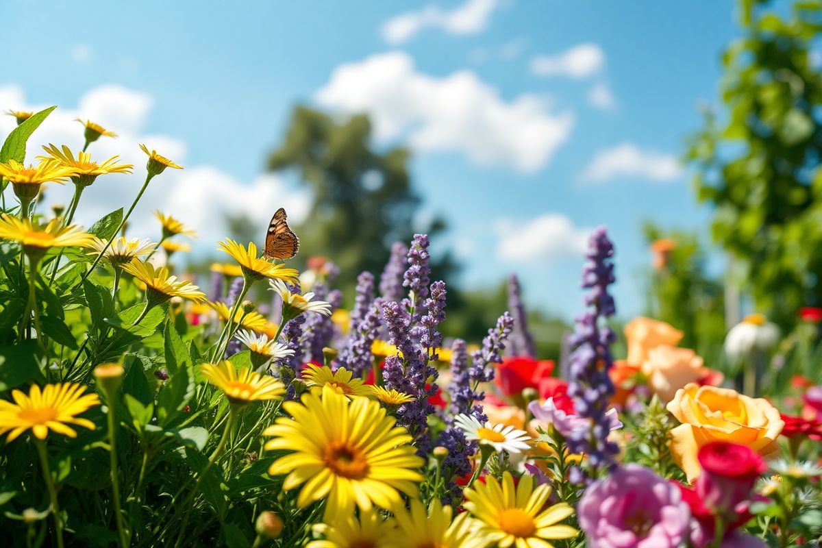 A close-up, photorealistic image of a serene outdoor setting featuring a sunlit garden filled with vibrant flowers and lush greenery. In the foreground, a delicate arrangement of various blooming flowers—such as bright daisies, soft lavender, and rich roses—creates a stunning color palette of yellows, purples, and reds. The sunlight filters through the leaves, casting gentle shadows on the ground, while a subtle breeze makes the petals sway slightly. In the background, a tranquil blue sky is dotted with fluffy white clouds, enhancing the peaceful atmosphere of the scene. To add a touch of realism, a small butterfly flits among the flowers, symbolizing the delicate balance of nature. This idyllic garden setting conveys a sense of tranquility and beauty, evoking the importance of self-care and wellness, much like the emphasis on early detection and awareness of skin health in the context of eyelid cancer. The overall composition is harmonious, inviting viewers to appreciate the natural world and the necessity of vigilance in maintaining one’s health.