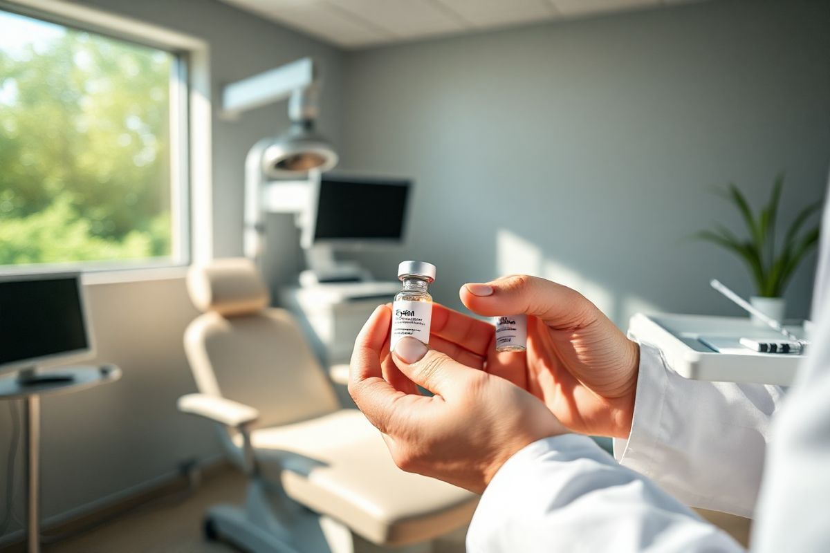 A photorealistic image depicting a serene ophthalmology clinic setting, focusing on a well-lit examination room. The room features a comfortable patient chair with soft, muted colors, surrounded by modern medical equipment, including an advanced retinal imaging machine and a sleek, stainless steel eye examination lamp. On the wall, a large window allows natural light to flood in, illuminating the space with a warm glow. Outside the window, a lush green garden can be seen, adding a touch of tranquility. In the foreground, a close-up of a pair of hands gently holding a small vial of Eylea, showcasing its clear, sterile packaging. The background subtly hints at a medical professional preparing for an injection, with a blurred view of their white coat and a sterile tray with a thin needle. Soft shadows and highlights create depth, emphasizing the cleanliness and professionalism of the environment, while conveying a sense of calm and reassurance for patients undergoing treatment.