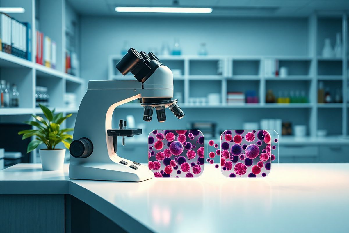 A photorealistic decorative image features a serene, softly lit medical laboratory setting, showcasing a high-tech microscope positioned on a sleek, modern lab bench. Surrounding the microscope are glass slides with vibrant blood samples, displaying intricate cellular patterns and glowing under the gentle illumination of overhead lights. In the background, shelves are lined with scientific books and colorful laboratory glassware, creating an atmosphere of discovery and research. A subtle hint of greenery is introduced by a small potted plant on the corner of the bench, symbolizing life amidst scientific inquiry. The overall color palette consists of soothing blues and whites, evoking a sense of calm and professionalism, while the fine details highlight the precision and importance of genetic research, particularly in relation to conditions like Factor V Leiden. The image captures a moment of quiet contemplation in the pursuit of understanding the complexities of blood coagulation and genetic mutations, inviting viewers to appreciate the intersection of science and health.