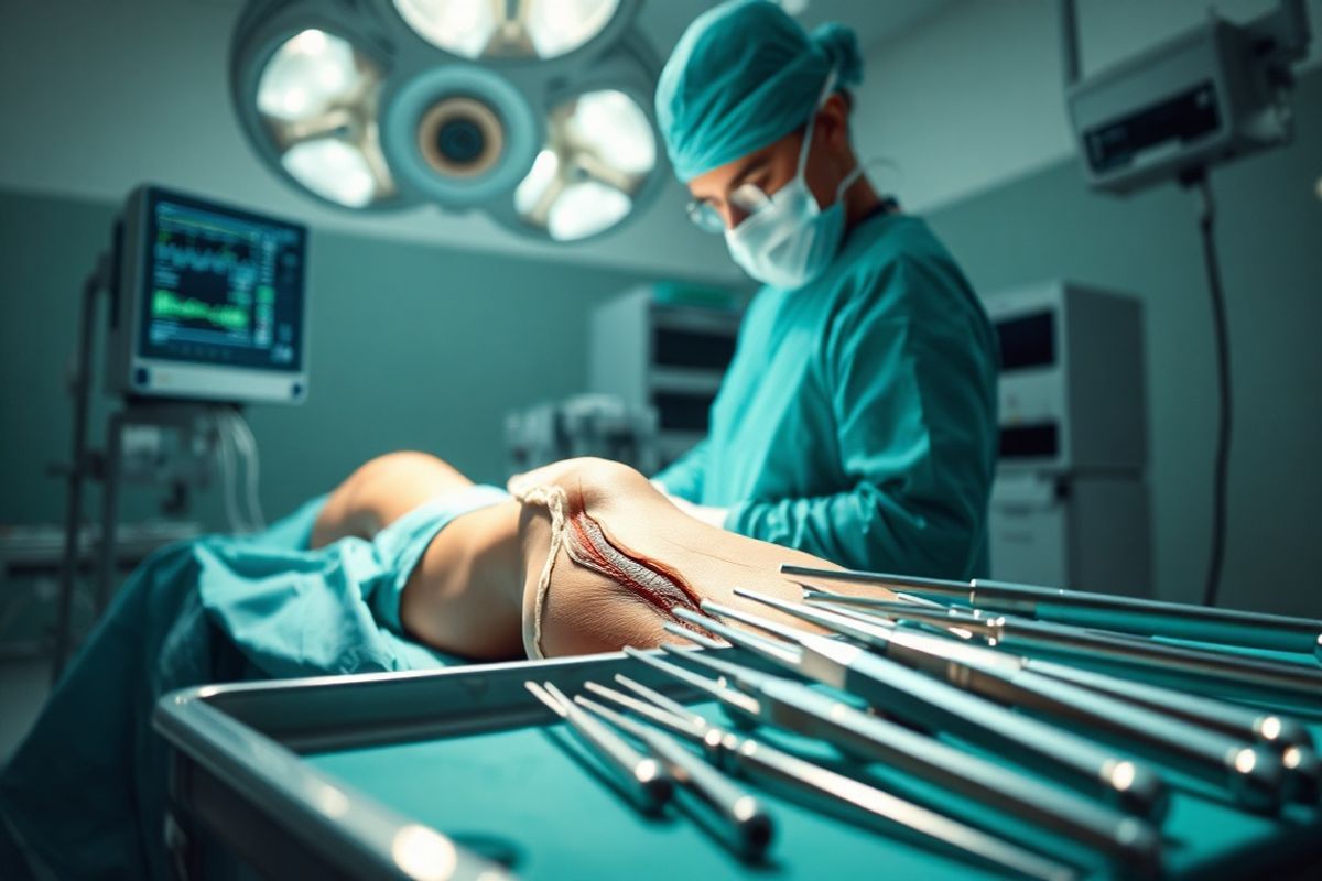 A striking photorealistic image showcases a well-lit surgical room, capturing the essence of a fasciotomy procedure in action. The scene features a skilled surgeon, clad in sterile green scrubs and a surgical mask, focused intently on an open incision over a patient’s leg. The operating table is surrounded by state-of-the-art medical equipment, including a vital signs monitor displaying steady readings. Soft, diffused lighting illuminates the sterile environment, casting gentle shadows that enhance the depth of the scene.   In the foreground, surgical instruments, meticulously arranged on a nearby tray, glimmer with precision, reflecting the light. A glimpse of the patient’s leg reveals the incision made in the fascia, with clearly visible layers of muscle and connective tissue, emphasizing the seriousness of the procedure. The background features medical staff in motion, ensuring the environment feels dynamic and urgent. The overall color palette consists of soothing greens and blues, contrasted by the sterile white of surgical drapes, creating a striking yet respectful representation of this critical medical intervention.