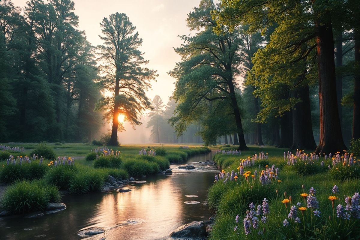 A photorealistic image features a serene landscape at dawn, where the soft light of the rising sun gently illuminates a peaceful forest clearing. Tall, majestic trees with lush green foliage surround the area, creating a sense of safety and calm. In the foreground, a tranquil stream flows smoothly, reflecting the pastel colors of the sky—pinks, oranges, and soft blues blending harmoniously. Along the banks of the stream, vibrant wildflowers in shades of purple and yellow bloom, adding a touch of life and vibrancy to the scene. A sense of stillness pervades the atmosphere, inviting viewers to pause and breathe deeply. In the distance, a faint mist rises, suggesting the presence of hidden wonders beyond the trees, symbolizing the unknown that often triggers anxiety. The overall composition conveys a balance between warmth and tranquility, embodying the contrast between the known comforts of nature and the elusive, sometimes daunting, aspects of the human experience with fear and anxiety. This serene setting serves as a perfect backdrop for meditation or reflection, resonating with themes of emotional well-being and the importance of recognizing one’s feelings.