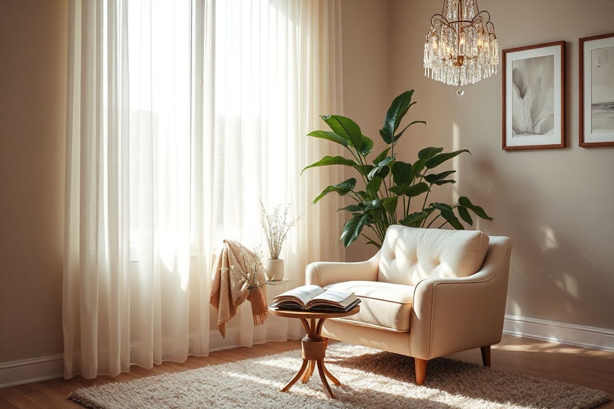 A serene and tranquil room bathed in soft, warm light creates a calming atmosphere. The focal point is a large, plush armchair upholstered in a soothing pastel fabric, strategically placed near a tall window adorned with sheer, flowing curtains that gently sway in the breeze. A cozy throw blanket drapes over the arm of the chair, inviting relaxation. On a small, round side table, a steaming cup of herbal tea rests beside an open journal filled with handwritten notes and sketches, symbolizing mindfulness and introspection.   In the background, a lush indoor plant with broad green leaves brings a touch of nature into the space, while a delicate crystal chandelier casts a soft glow, enhancing the overall ambiance. The walls are painted in muted tones, with framed abstract art pieces that evoke feelings of peace and contemplation. A plush, textured rug underfoot adds warmth and comfort, inviting one to sit down and unwind. The overall composition conveys a sense of safety and calm, ideal for reflecting on emotions and managing anxiety.