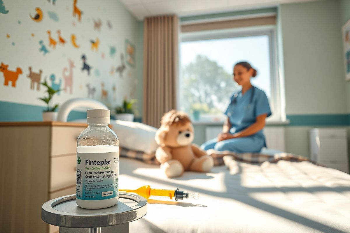 A photorealistic image depicting a serene pediatric setting in a well-lit hospital room. The room features soft, pastel-colored walls adorned with cheerful, whimsical artwork of animals and nature, creating an inviting atmosphere for young patients. In the foreground, a small bedside table holds a bottle of Fintepla’s oral solution, prominently displayed alongside a colorful, child-friendly measuring syringe. A plush teddy bear sits on the neatly made bed, which is covered with a cozy, patterned blanket. Sunlight streams through a large window, illuminating the space and casting gentle shadows. In the background, a caring nurse is seen engaging with a young child sitting on the bed, both smiling and exchanging warmth, encapsulating the essence of compassionate healthcare. A small plant on the windowsill adds a touch of nature, enhancing the overall calming ambiance. The scene conveys hope, comfort, and the importance of individualized care for children with epilepsy, reflecting the essence of the treatment journey.