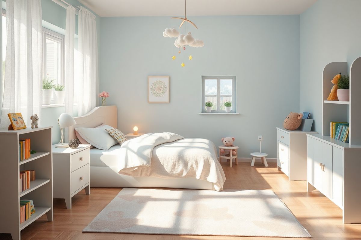 A serene and softly lit scene depicting a cozy child’s bedroom designed for a young patient with epilepsy. The room features a comforting pastel color palette of light blues and gentle pinks, creating a calming atmosphere. In the center, a neatly made bed with plush pillows and a soft, fluffy blanket invites rest. A whimsical mobile hangs above, featuring colorful clouds and stars, gently swaying as if touched by a breeze. On a bedside table, a small lamp emits a warm glow, casting soft shadows and enhancing the tranquil ambiance.   In the corner, a bookshelf is filled with colorful children’s books, alongside a few plush toys that add a sense of warmth and companionship. A cheerful, patterned rug lies on the wooden floor, providing a cozy space for play. Soft sunlight filters through sheer curtains, illuminating the room and highlighting a small window adorned with flower pots. The overall composition conveys a sense of safety, comfort, and hope, making it an ideal environment for a child navigating the challenges of living with a serious condition like Dravet syndrome.