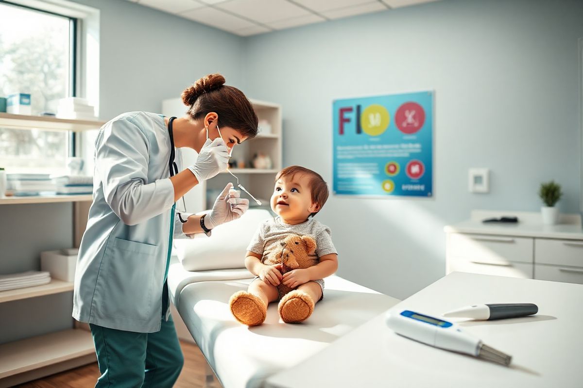 A photorealistic decorative image depicting a serene healthcare setting, showcasing a well-lit, modern examination room. In the foreground, a healthcare professional, dressed in scrubs and a lab coat, is gently administering a FluMist vaccine to a young child sitting comfortably on an examination table. The child, looking curious yet calm, is seated upright, with a friendly teddy bear beside them.   The background features a clean and organized medical environment, with shelves containing medical supplies and a colorful poster about flu prevention on the wall. Natural light streams through a large window, illuminating the room and creating a warm, welcoming atmosphere. A stethoscope and a digital thermometer rest on a nearby counter, emphasizing the professionalism of the setting. The overall composition conveys a sense of care, safety, and the importance of vaccination, while highlighting the non-invasive nature of the FluMist administration.